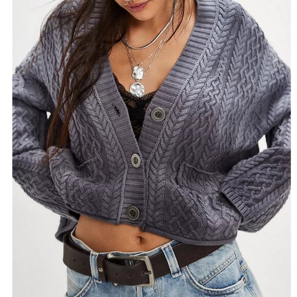Free People Washed Ashore Cardi Knit Oversized Titanium Grey - Picture 2 of 7